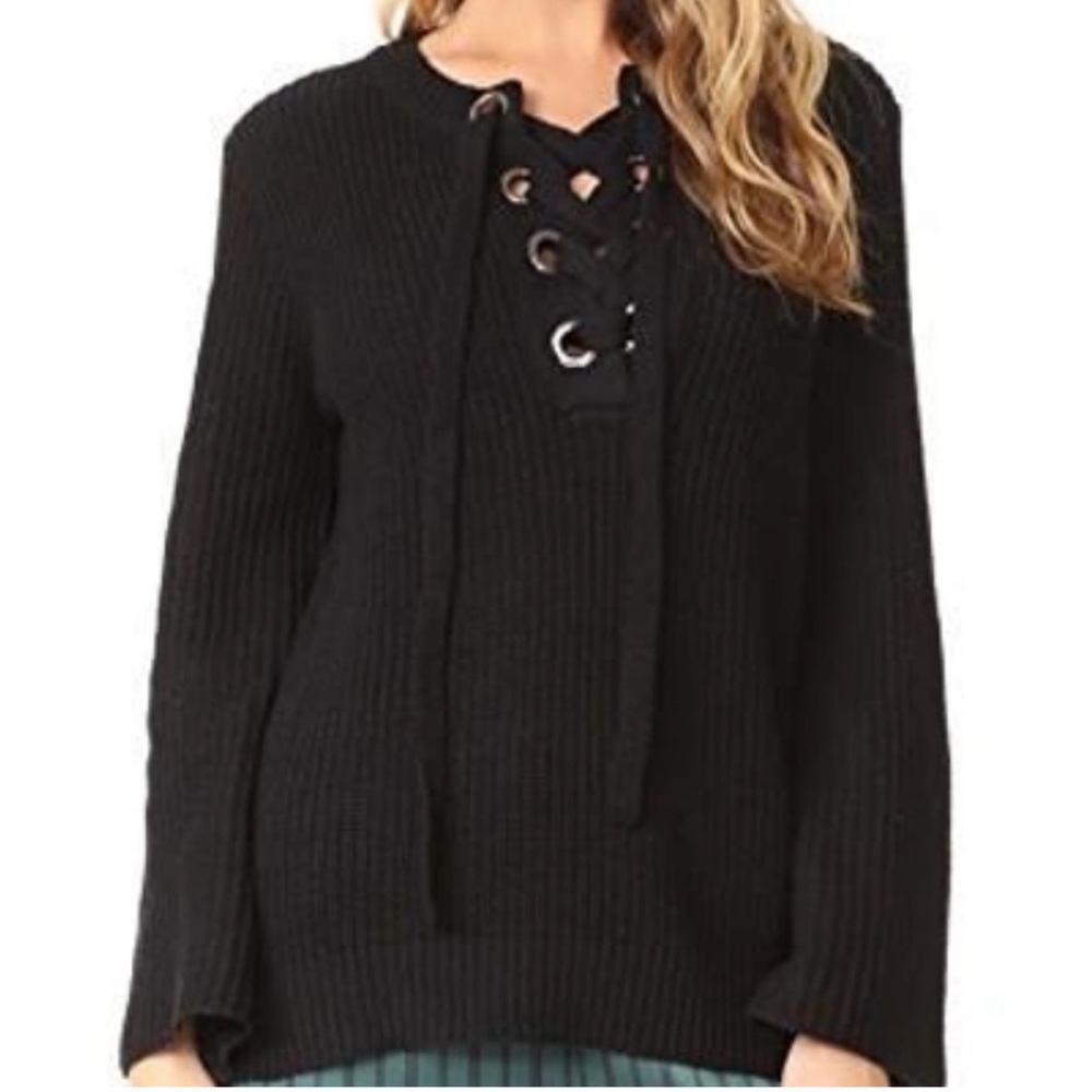 JOA Lace Up Bell Sleeve Sweater